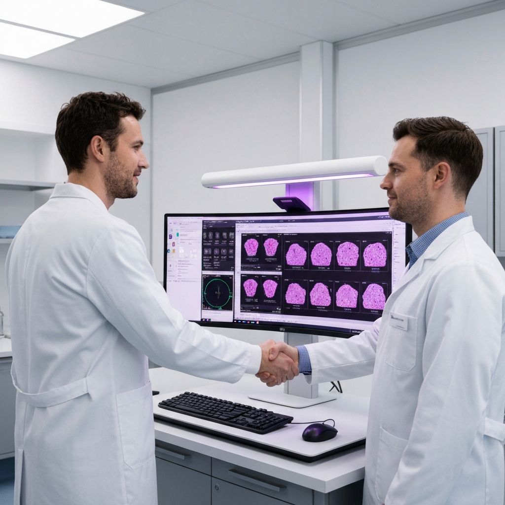 Two clinical executives shaking hands next to a digital pathology workstation displaying AI-analyzed tissue slides