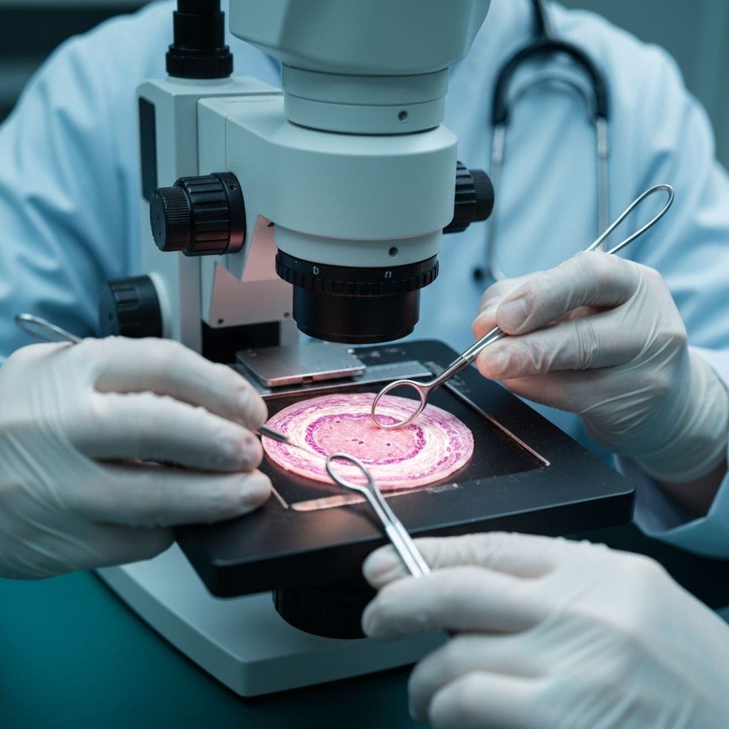 Close-up of a pathologist reviewing breast cancer tissue biopsy slides with AI annotations on a high-resolution monitor